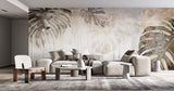Tapet personalizat leaf cu frunze de monstera in nuante de gri si maro cu un efect de curgere artistica pe un fundal texturat pentru un design modern monstera flows
