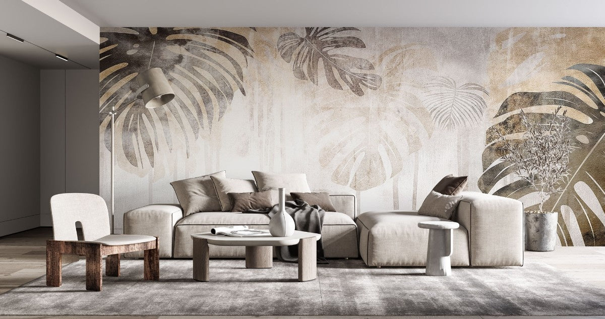 Tapet personalizat leaf cu frunze de monstera in nuante de gri si maro cu un efect de curgere artistica pe un fundal texturat pentru un design modern monstera flows