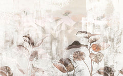 Tapet personalizat leaf cu frunze mari stilizate in tonuri de bej si maro pe un fundal cu aspect de panza pentru un decor artistic si natural canvas leaves