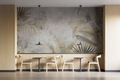 Tapet personalizat leaf cu frunze tropicale in nuante de gri deschis si auriu cu un aspect usor prafuit aducand un plus de eleganta si serenitate dusted tropical leaves