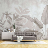 Tapet personalizat leaf cu frunze stilizate in tonuri de bej si gri cu un aspect de hartie texturata ideal pentru un decor natural si calm paper leaves