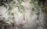 Tapet personalizat leaf cu frunze si ciorchini de flori in nuante de verde violet si roz pe un fundal cu aspect de perete vechi tencuit ideal pentru a crea o atmosfera de gradina interioara cu un aer rustic si boem stucco printed leaves