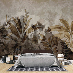 Tapet personalizat leaf cu frunze tropicale in tonuri de sepia si maro avand un aspect invechit perfect pentru un decor cu un aer vintage si sofisticat burnt leaves
