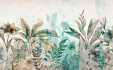 Tapet personalizat leaf cu flori si frunze in nuante de turcoaz si pamantii cu un fundal texturat aducand o nota de prospetime si eleganta turquoise textured nature