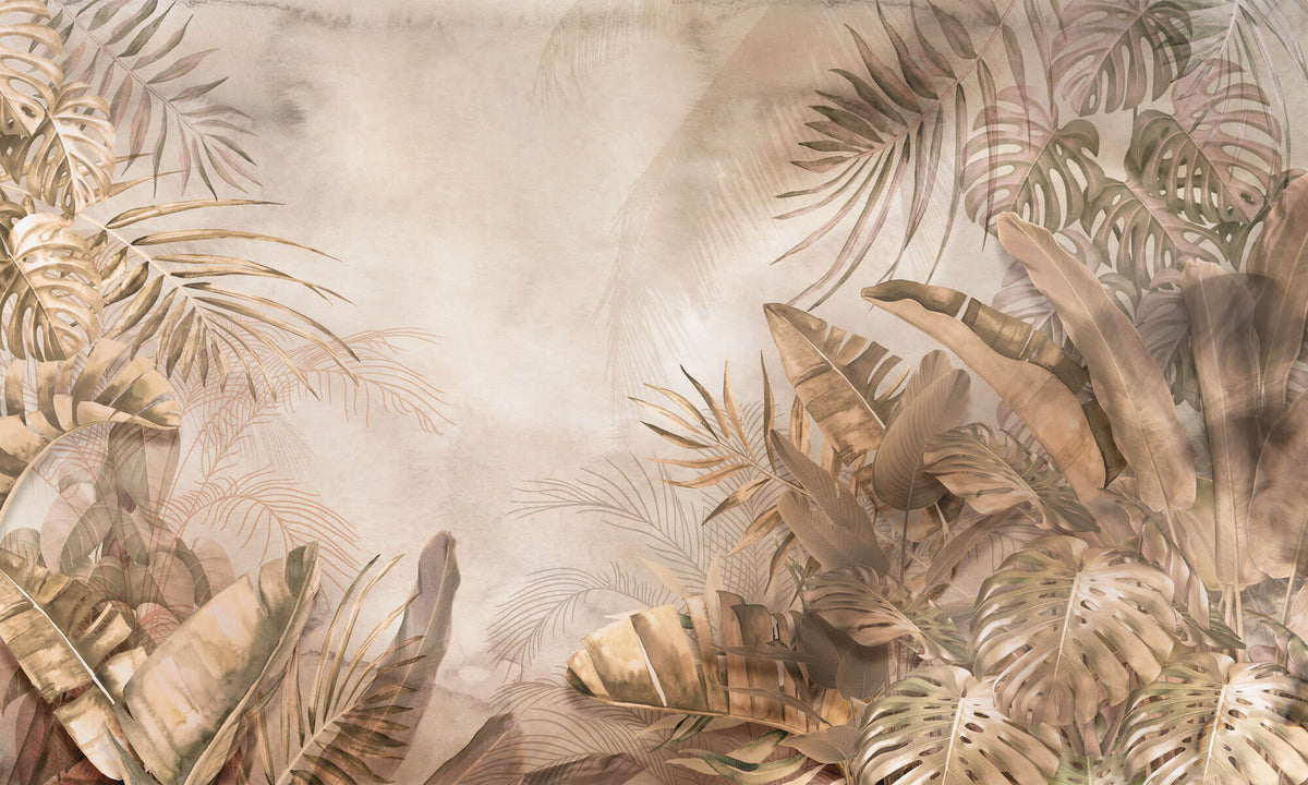 Tapet Personalizat Leaf cu frunze tropicale in nuante calde maronii - DUSTY WARM TROPICAL