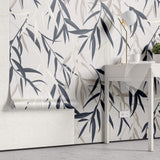 Tapet Personalizat Leaf cu frunze de bambus albe si albastre - BLUEISH BEIGE BAMBOO
