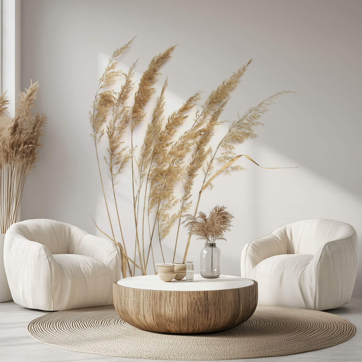 Tapet Personalizat Leaf cu trestie de camp pe fundal alb - MINIMALIST REEDS