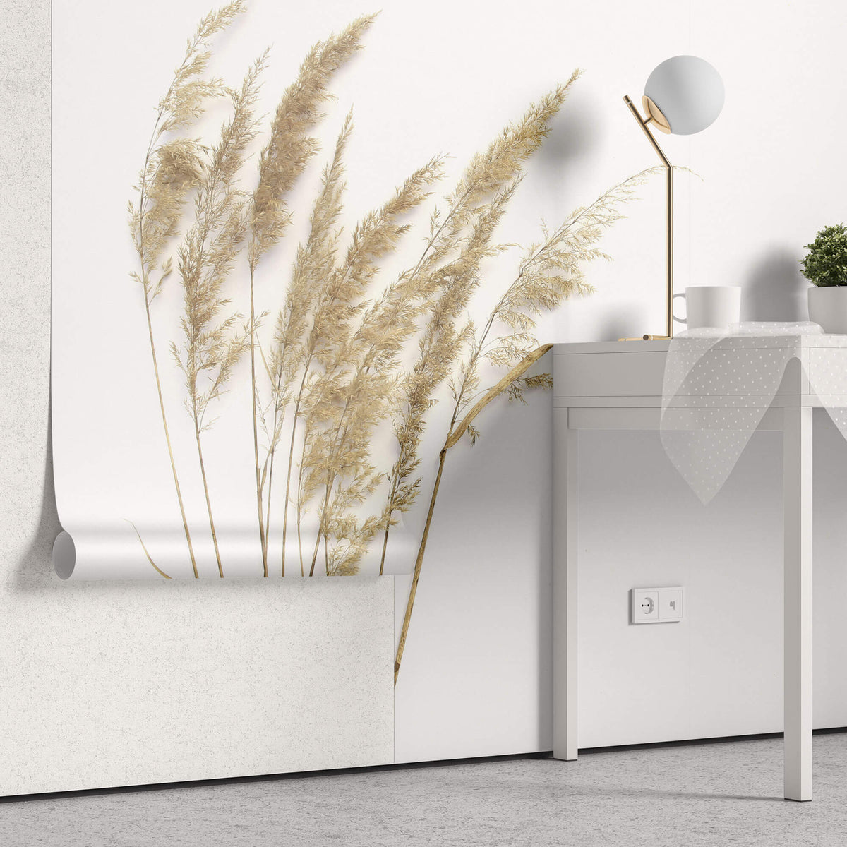Tapet Personalizat Leaf cu trestie de camp pe fundal alb - MINIMALIST REEDS