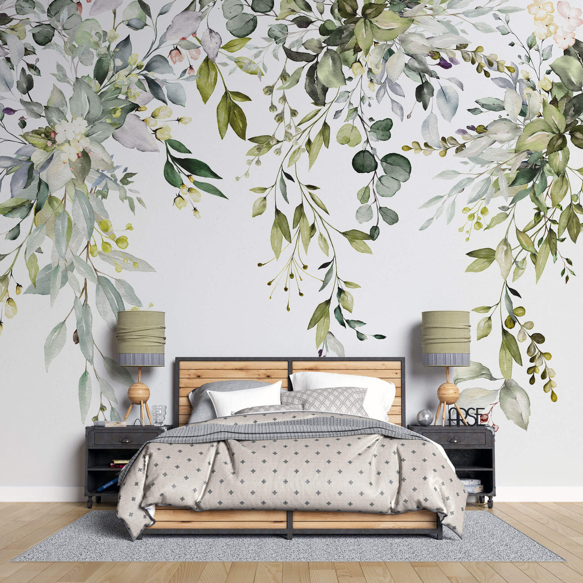 Tapet Personalizat Leaf cu elemente florale si frunze pictate pe fundal alb - FLORAL LEAF