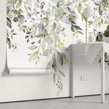 Tapet Personalizat Leaf cu elemente florale si frunze pictate pe fundal alb - FLORAL LEAF