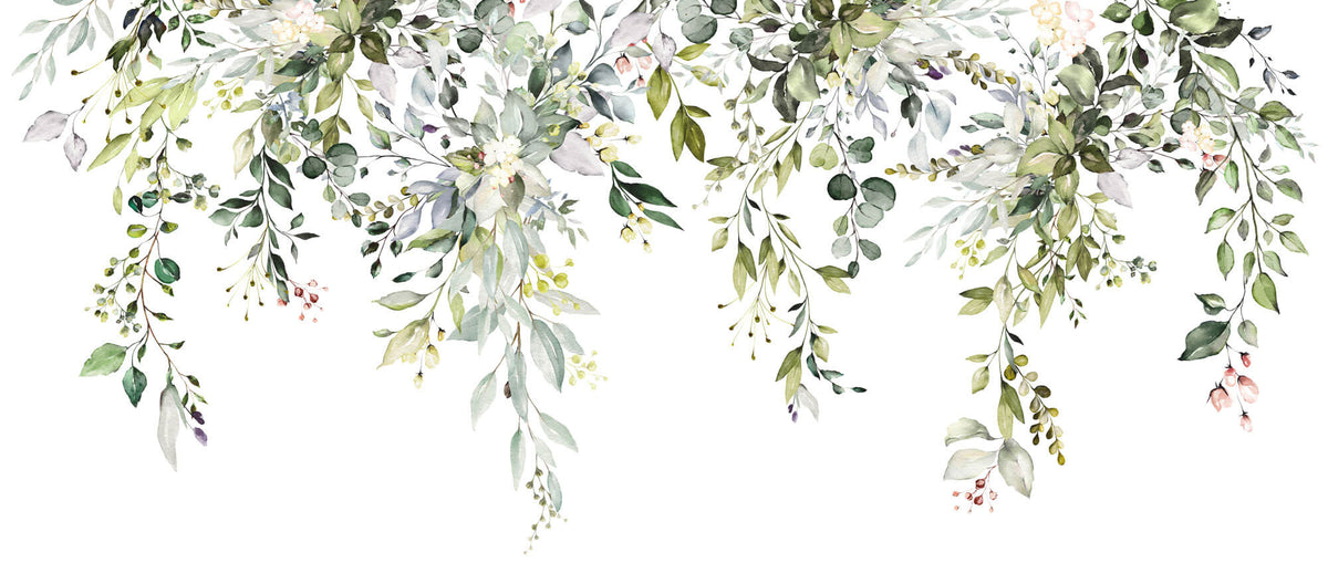 Tapet Personalizat Leaf cu elemente florale si frunze pictate pe fundal alb - FLORAL LEAF