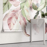 Tapet Personalizat Leaf cu frunze in stil watercolor in nuante de verde si roz - PINKY HANGING LEAVES