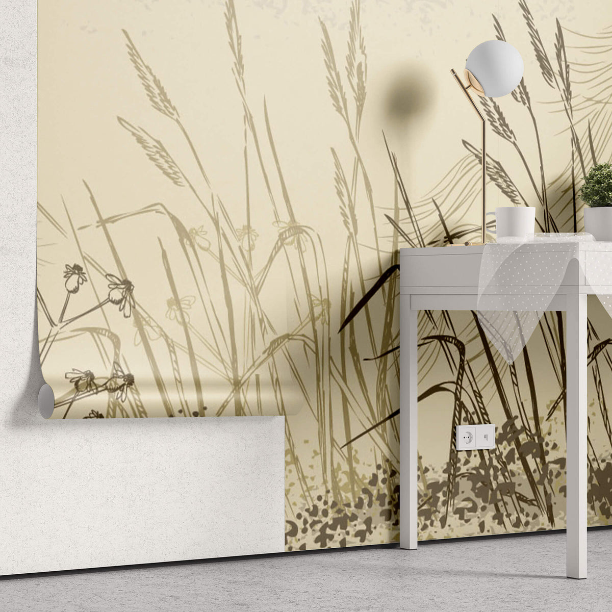 Tapet Personalizat Leaf cu frunze si plante de camp abstracte in nuante de bej si crem 2 - LANDSCAPE REEDS