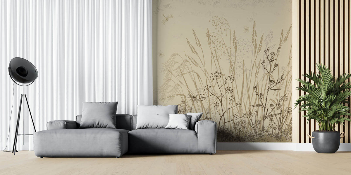 Tapet Personalizat Leaf cu frunze si plante de camp abstracte in nuante de bej si crem 3 - BEIGE FLORAL SKETCH