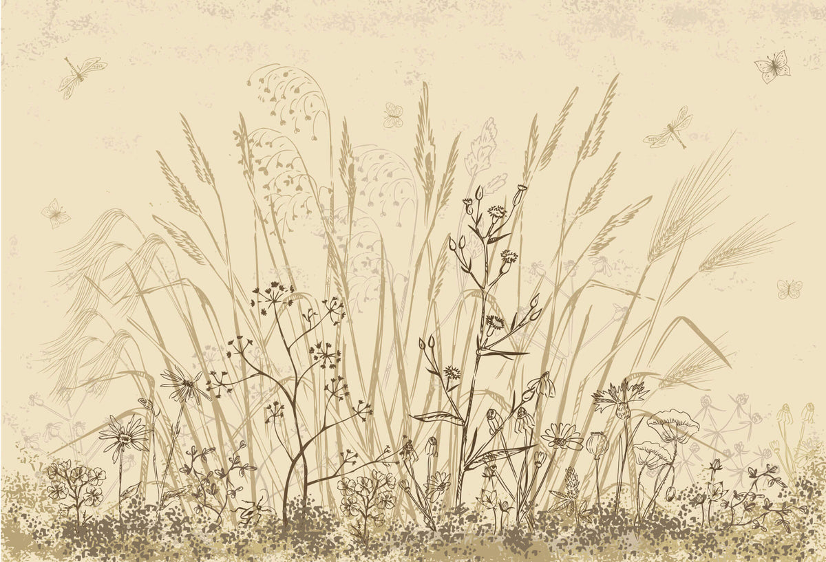 Tapet Personalizat Leaf cu frunze si plante de camp abstracte in nuante de bej si crem 3 - BEIGE FLORAL SKETCH