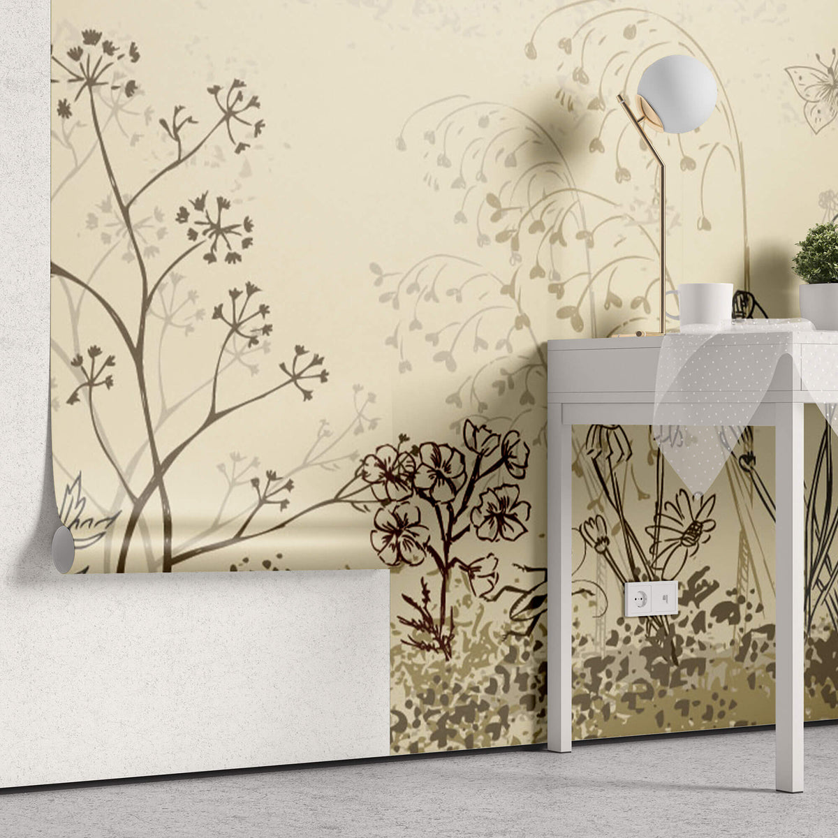 Tapet Personalizat Leaf cu frunze si plante de camp abstracte in nuante de bej si crem 4 - FLORAL SKETCH LANDSCAPE