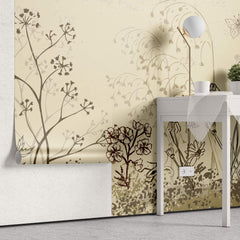 Tapet Personalizat Leaf cu frunze si plante de camp abstracte in nuante de bej si crem 4 - FLORAL SKETCH LANDSCAPE