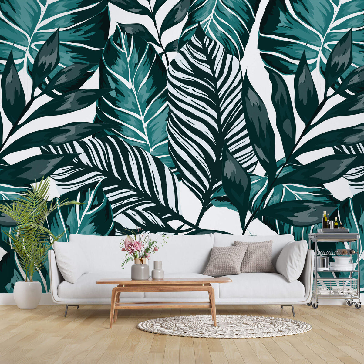 Tapet Personalizat Leaf cu ilustratie de frunze in nuante verde marin - GRAPHIC ART LEAVES CYAN
