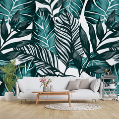 Tapet Personalizat Leaf cu ilustratie de frunze in nuante verde marin - GRAPHIC ART LEAVES CYAN