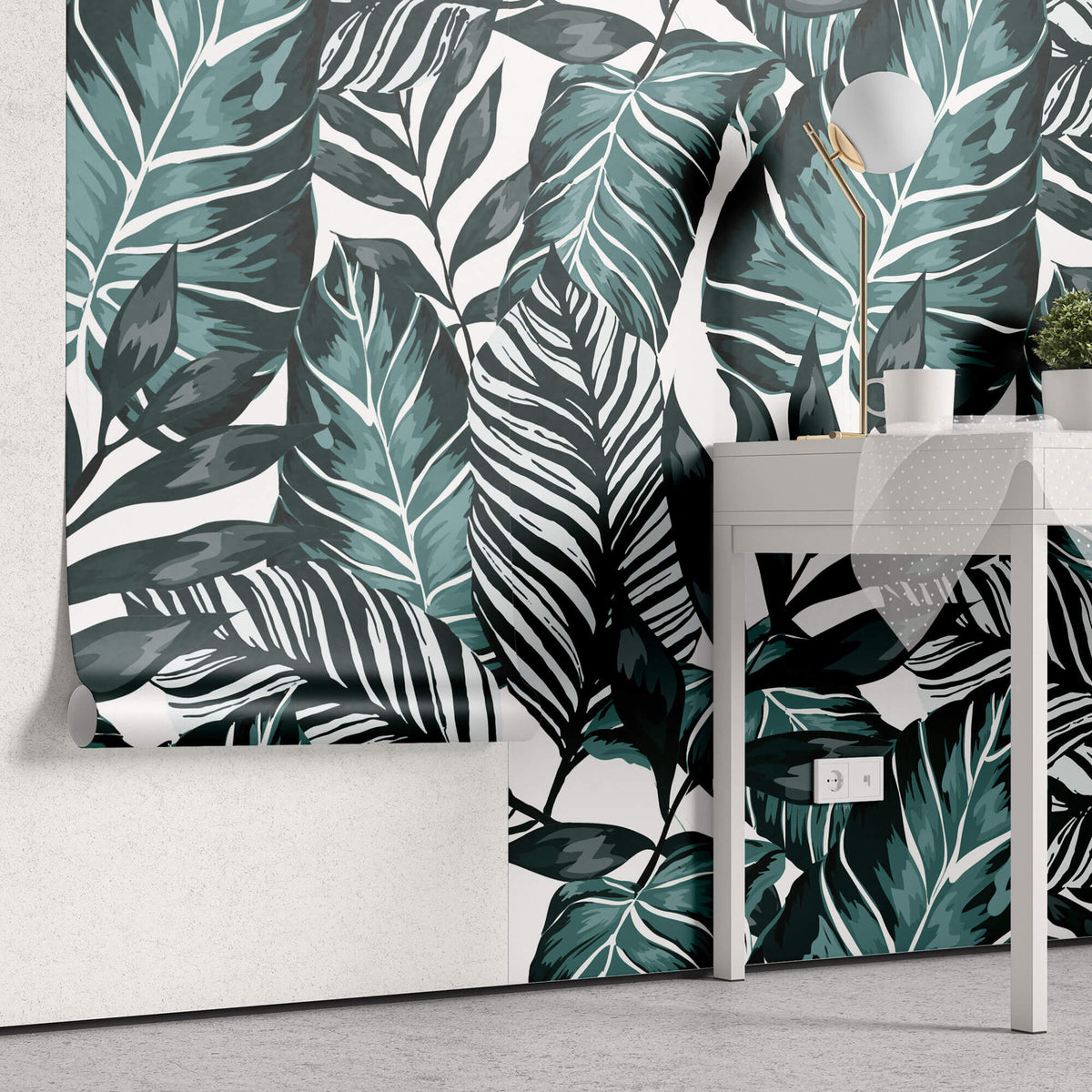 Tapet Personalizat Leaf cu ilustratie de frunze in nuante verde marin - GRAPHIC ART LEAVES CYAN