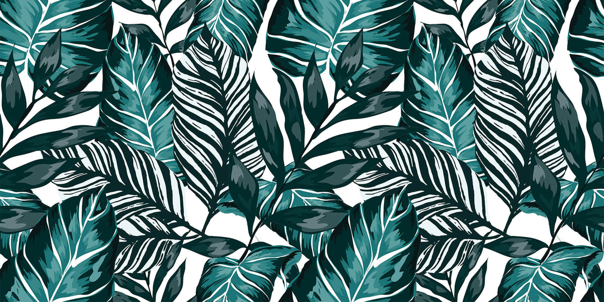 Tapet Personalizat Leaf cu ilustratie de frunze in nuante verde marin - GRAPHIC ART LEAVES CYAN