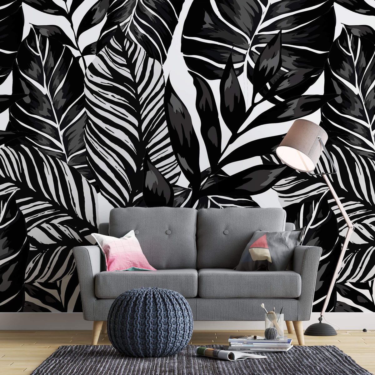 Tapet Personalizat Leaf cu ilustratie de frunze negre - GRAPHIC ART LEAVES BLACK