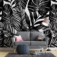 Tapet Personalizat Leaf cu ilustratie de frunze negre - GRAPHIC ART LEAVES BLACK