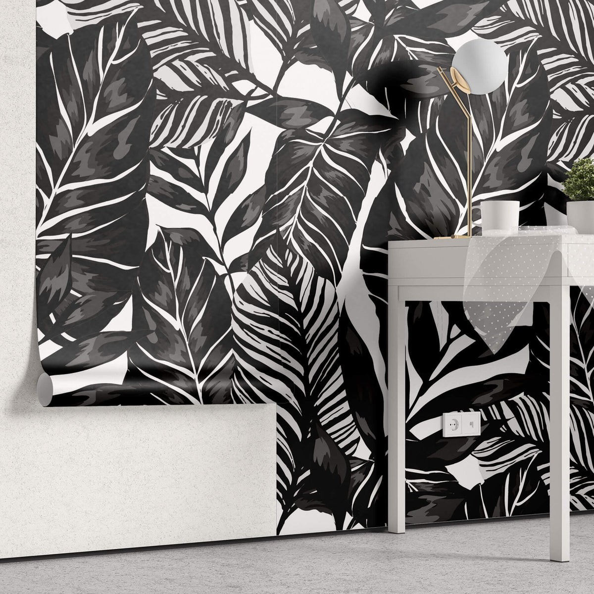 Tapet Personalizat Leaf cu ilustratie de frunze negre - GRAPHIC ART LEAVES BLACK