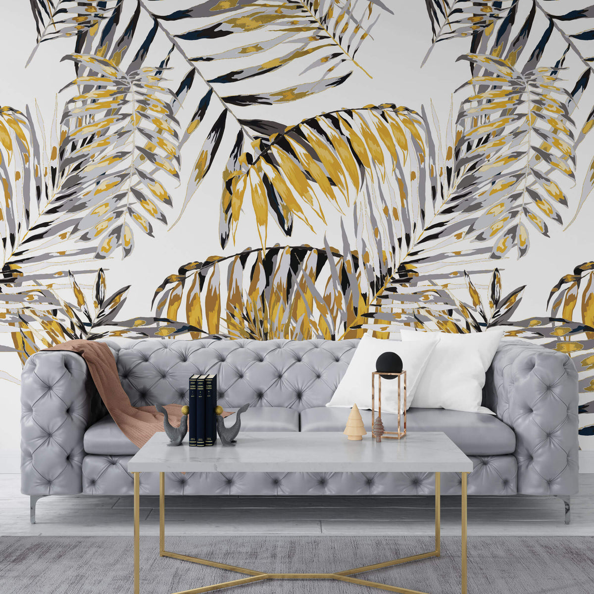 Tapet Personalizat Leaf cu frunze de palmier galbene cu gri - FUNKY YELLOW