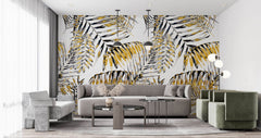 Tapet Personalizat Leaf cu frunze de palmier galbene cu gri - FUNKY YELLOW