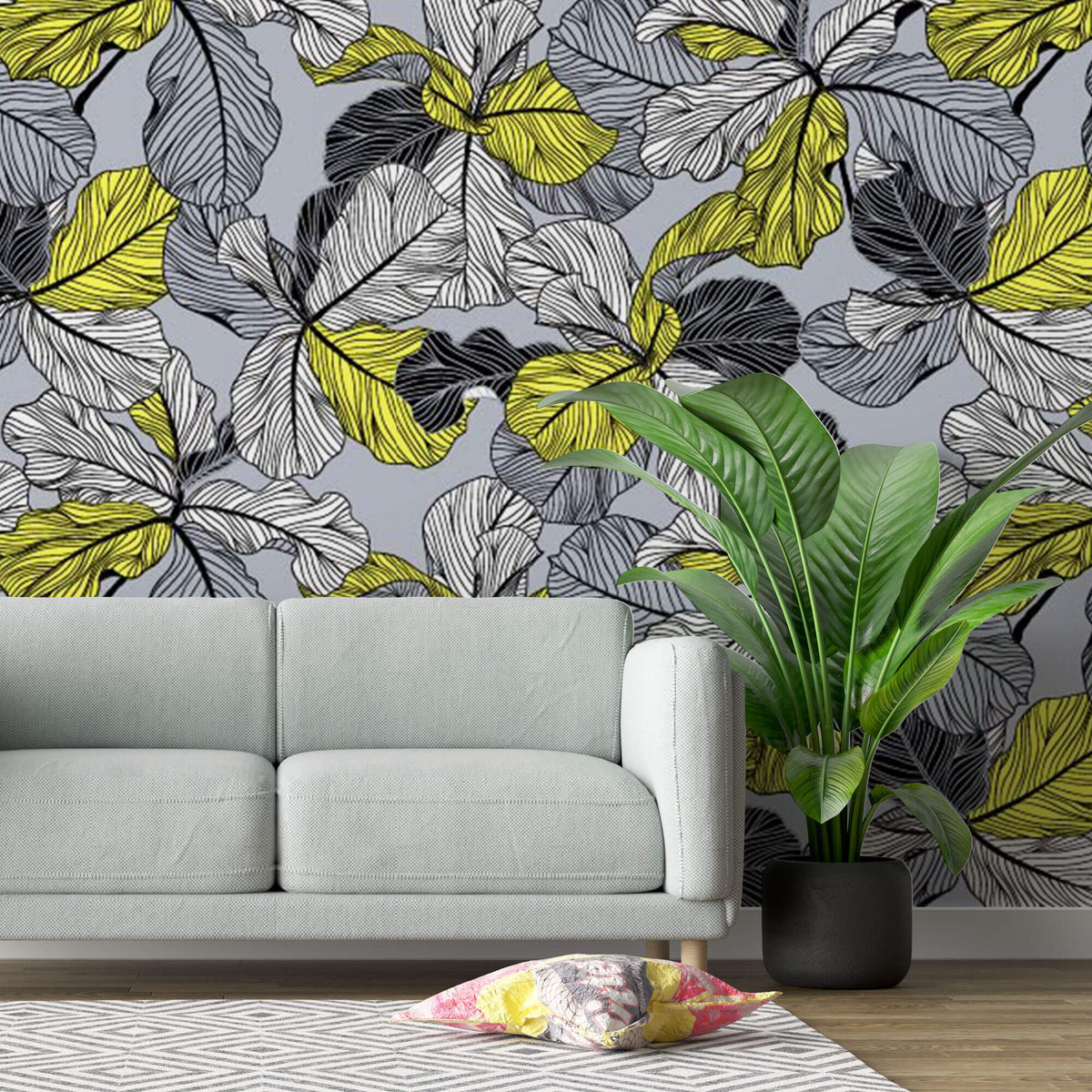 Tapet Personalizat Leaf cu frunze in nuante de gri si accente galbene - YELLOW ACCENT LEAF