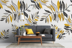 Tapet Personalizat Leaf cu frunze galbene si gri - CRAYON YELLOW LEAVES