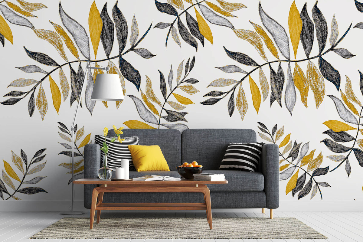 Tapet Personalizat Leaf cu frunze galbene si gri - CRAYON YELLOW LEAVES