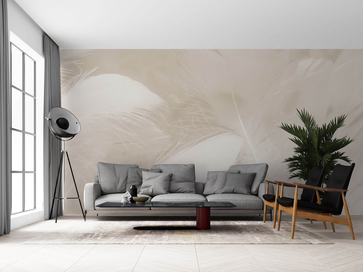 Tapet Personalizat Leaf cu pene in nuante crem si bej - LIGHT BEIGE FEATHERS