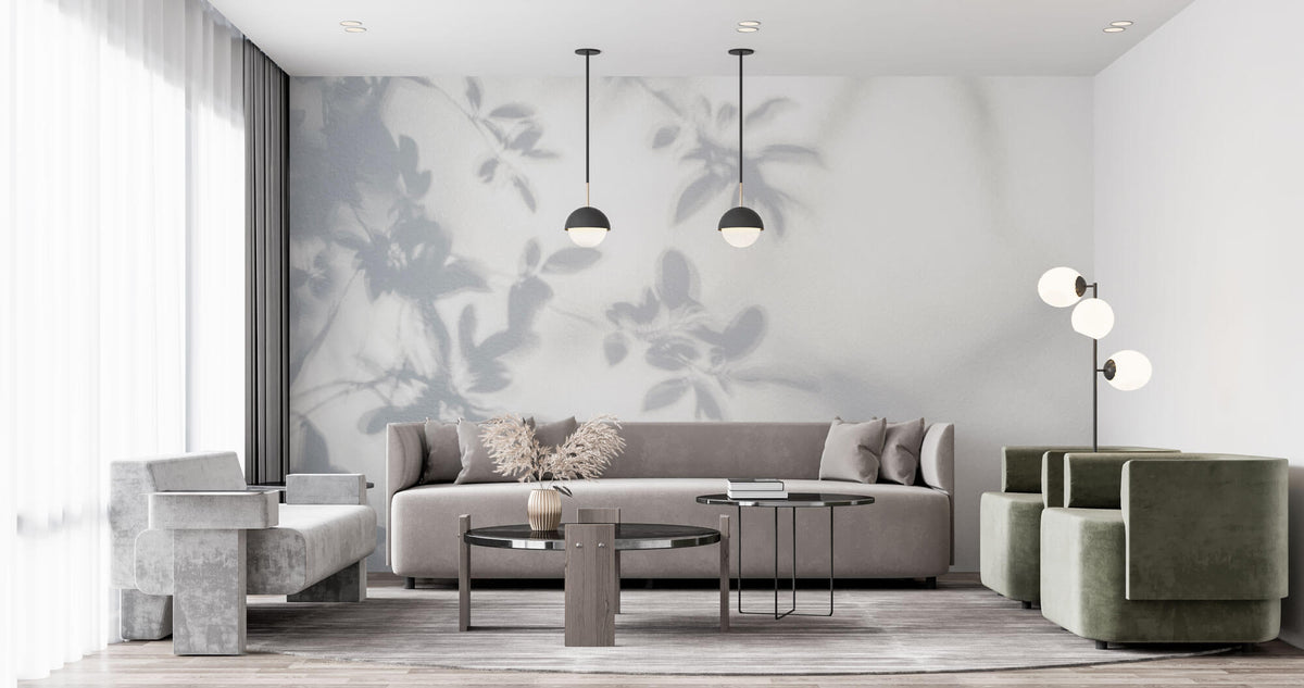 Tapet Personalizat Leaf cu umbre de frunze pe perete alb texturat - LEAFY SILHOUETTE
