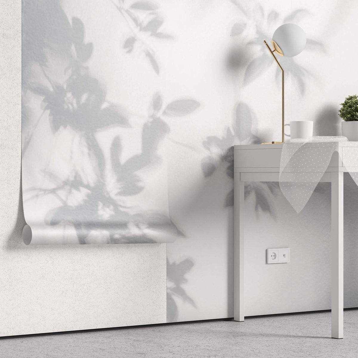 Tapet Personalizat Leaf cu umbre de frunze pe perete alb texturat - LEAFY SILHOUETTE