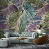 Tapet Personalizat Leaf cu frunze tropicale in nuante de verde si mov - PURPLE EXOTIC