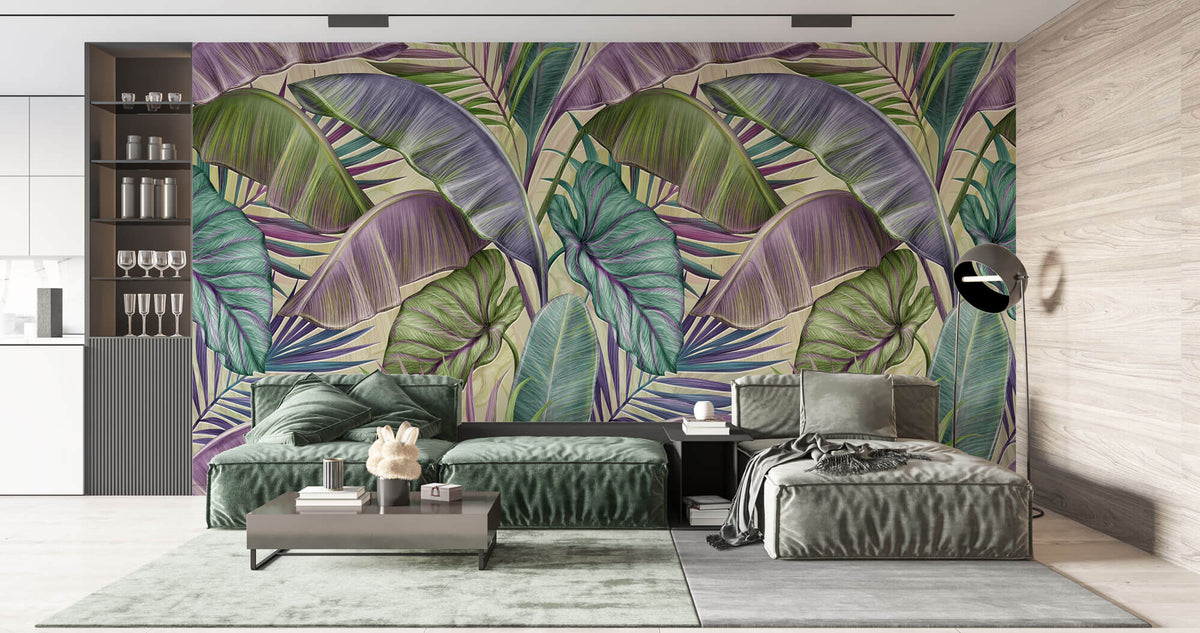 Tapet Personalizat Leaf cu frunze tropicale in nuante de verde si mov - PURPLE EXOTIC