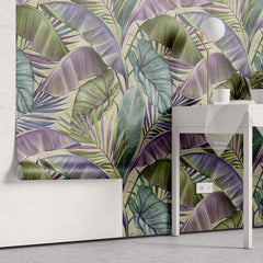 Tapet Personalizat Leaf cu frunze tropicale in nuante de verde si mov - PURPLE EXOTIC