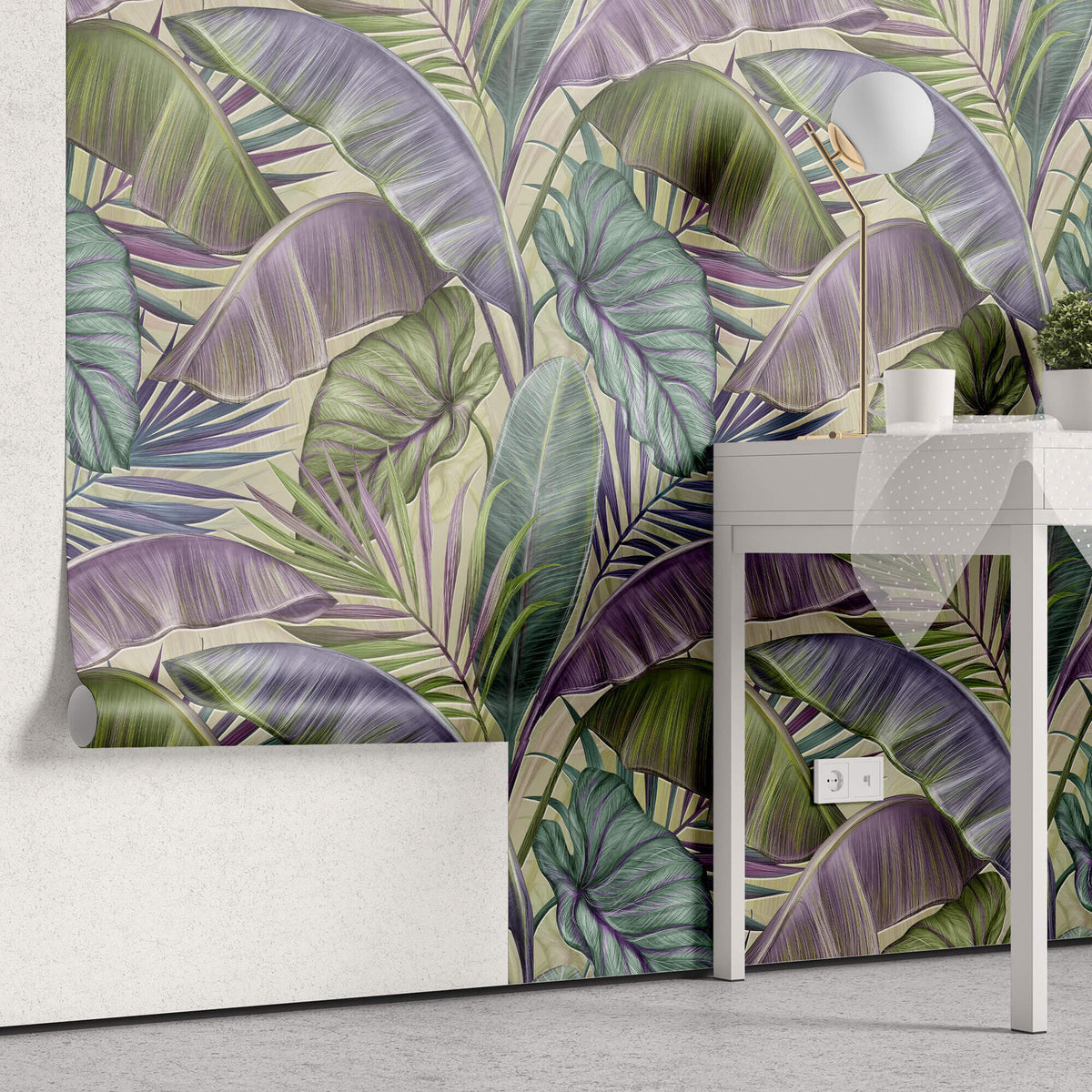 Tapet Personalizat Leaf cu frunze tropicale in nuante de verde si mov - PURPLE EXOTIC