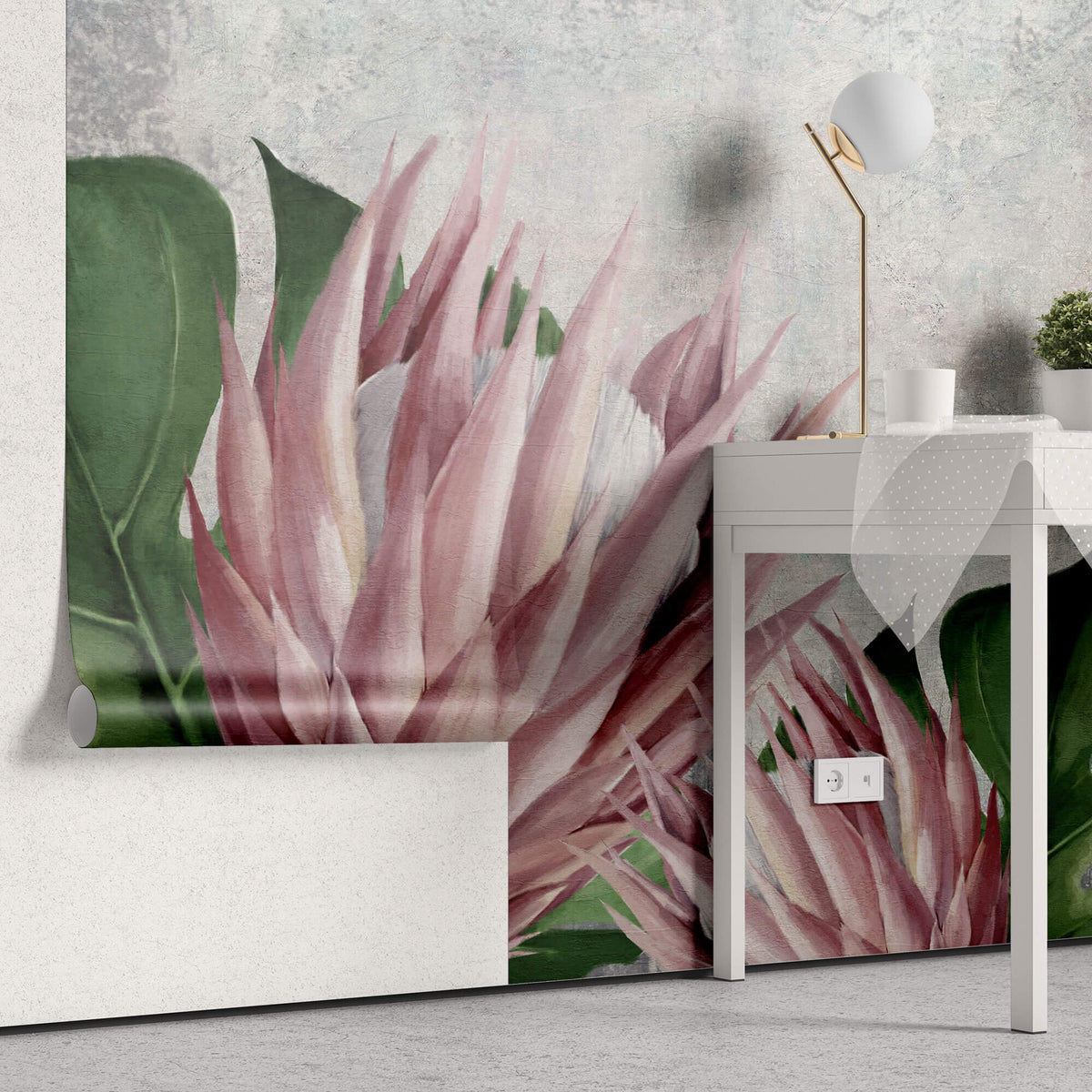 Tapet Personalizat Leaf cu flori de protea si frunze de monstera cu textura de stucco - PROTEA FLOWER