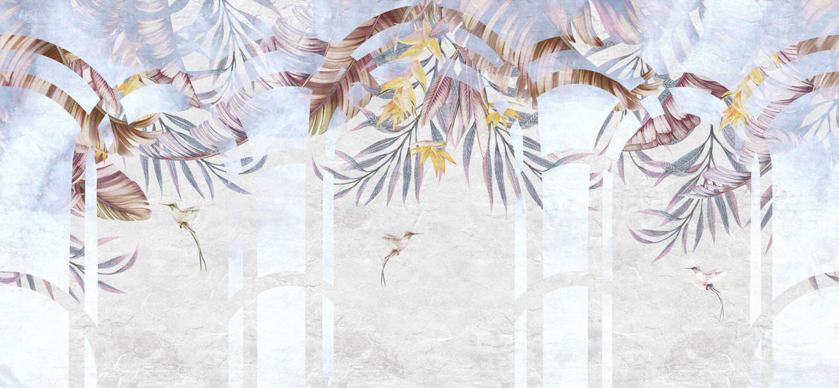 Tapet Personalizat Leaf cu ilustratie florala in arcade texturate - TROPICAL ARCHES