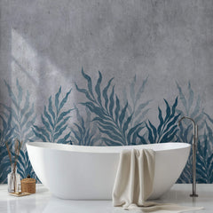Tapet Personalizat Leaf cu frunze oundulate albastre pe fundal cimentat - CURLY LEAVES
