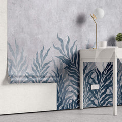 Tapet Personalizat Leaf cu frunze oundulate albastre pe fundal cimentat - CURLY LEAVES