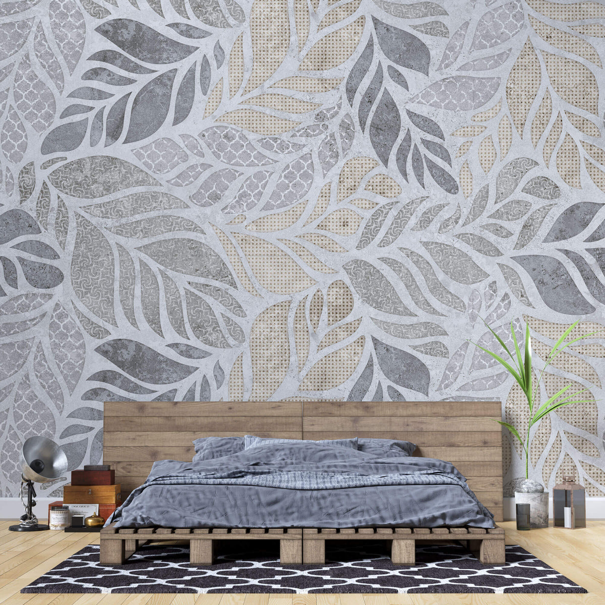 Tapet Personalizat Leaf cu forme de frunze si texturi mixte in nuante de bej si gri - SEE THROUGH TEXTURE