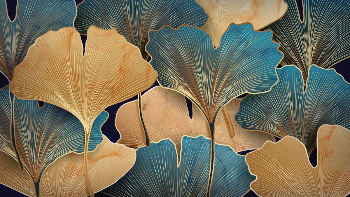 Tapet Personalizat Leaf cu frunze de ginkgo aurii si albastre - GOLDEN BLUE GINGKO
