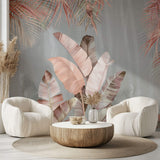 Tapet Personalizat Leaf cu frunze de palmier roz si fundal gri - PINK FEATHER LEAF