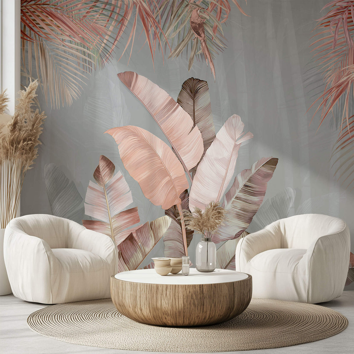 Tapet Personalizat Leaf cu frunze de palmier roz si fundal gri - PINK FEATHER LEAF