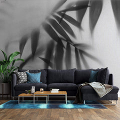 Tapet Personalizat Leaf cu frunze de palmier in spatele perdelei alb negru - BLACK LEAVES ELEGANCE