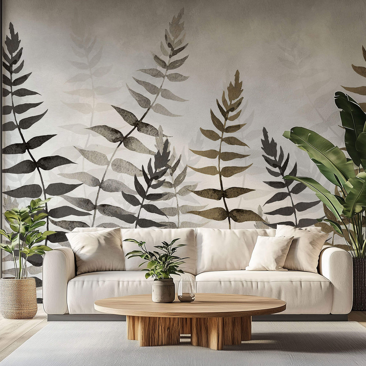 Tapet Personalizat Leaf cu frunze in nuante de bej si gri in stil watercolor - NOVEMBER LEAVES